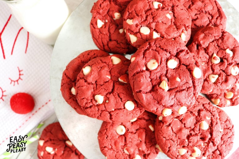 Easy Red Velvet Cake Mix Cookies using only 4 Ingredients perfect for Christmas.