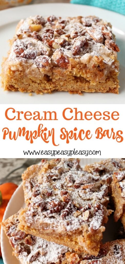 (AD) Ooey Gooey Cream Cheese Pumpkin Spice Bars is the perfect dessert for the holidays. Favorite 13x9 dessert for potlucks and family gatherings.