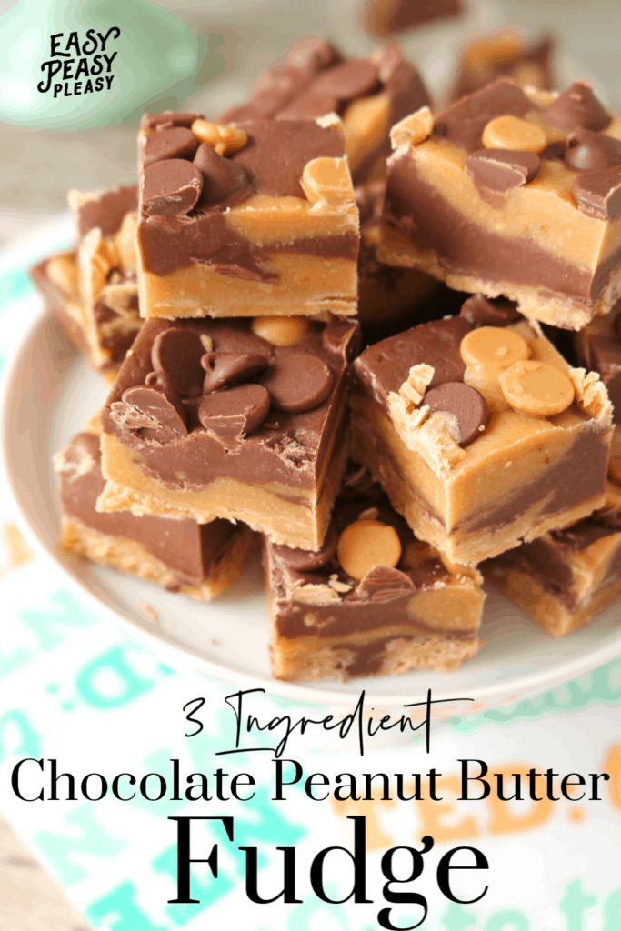 3 Ingredient Chocolate Peanut Butter Fudge takes only 5 minutes and a microwave.